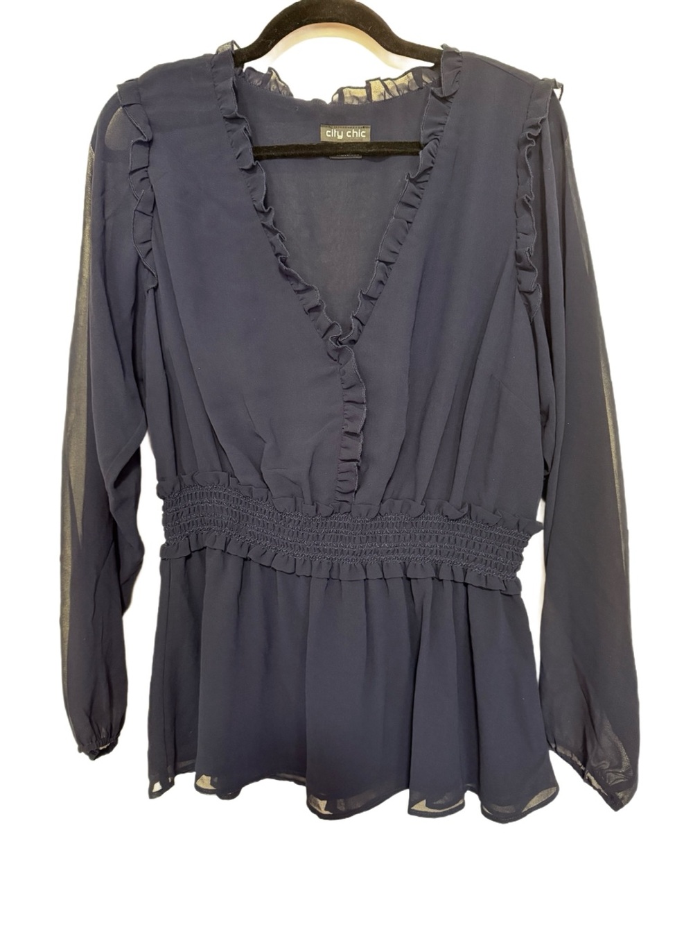 NWOT City Chic Ruffled Peplum Top, Size XS/14, Navy Blue - Picture 2 of 5